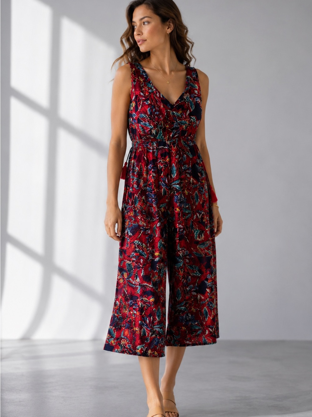 Floral Red Sleeveless Romper